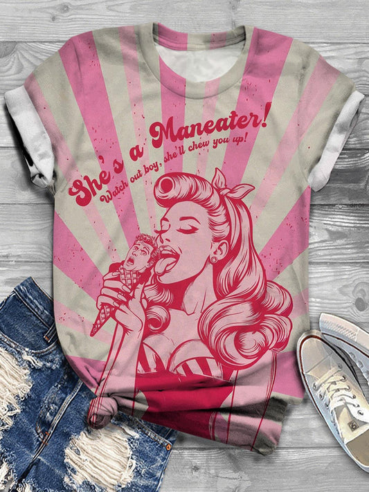 She's A Maneater Watch Out Boy Retro Funny Print T-shirt