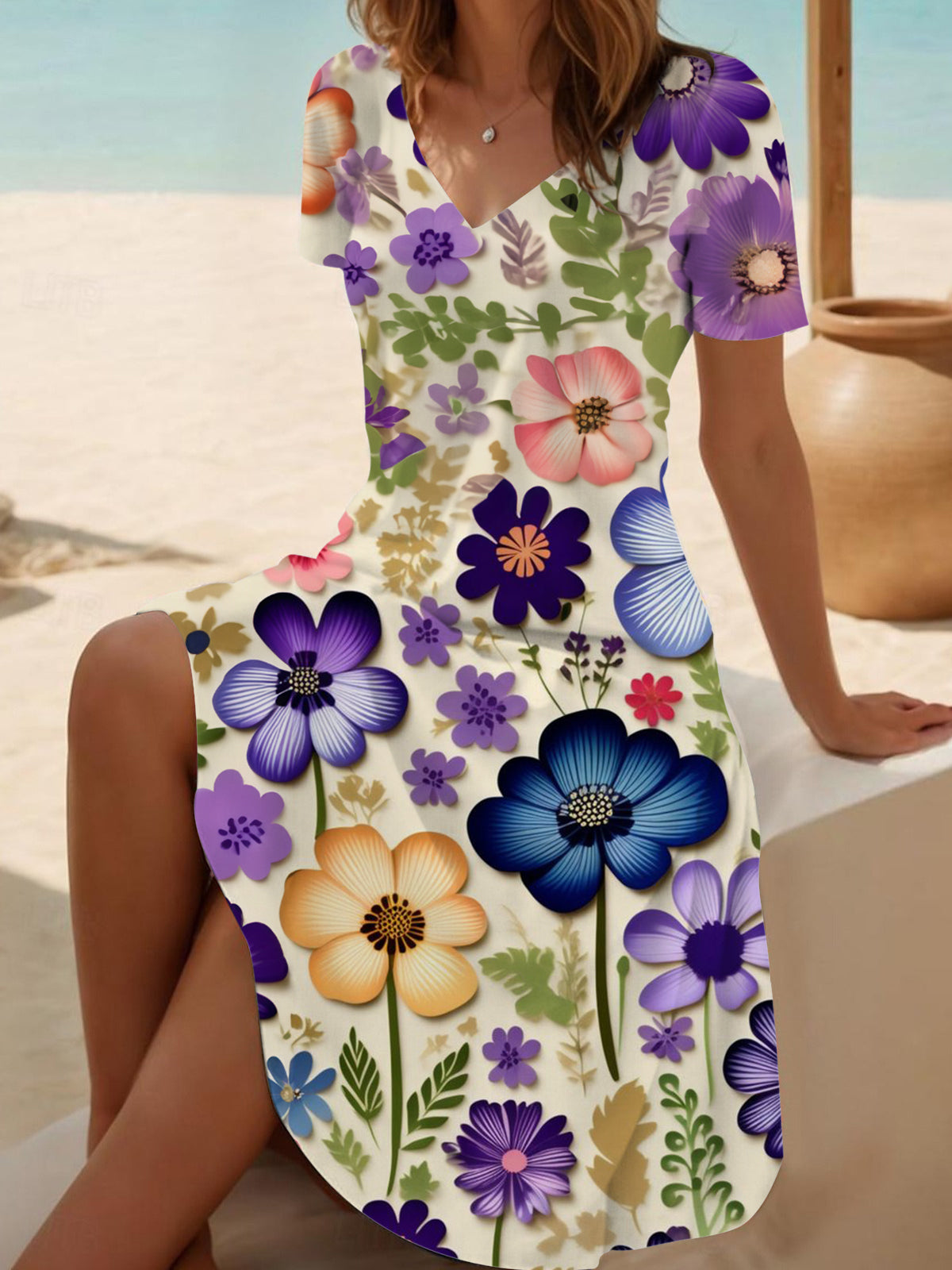 Colorful Flower Art Print V Neck Short Sleeve Dress