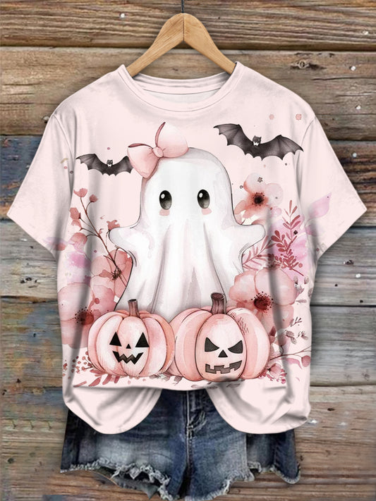 Pink Halloween Spooky Ghost Crew Neck T-shirt