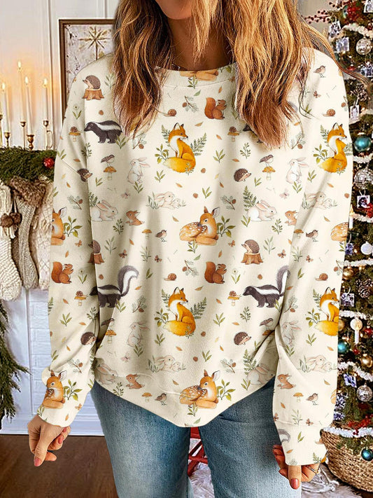 Women's Winter Fox Squirrel Print Printed Long Sleeve Casual Top