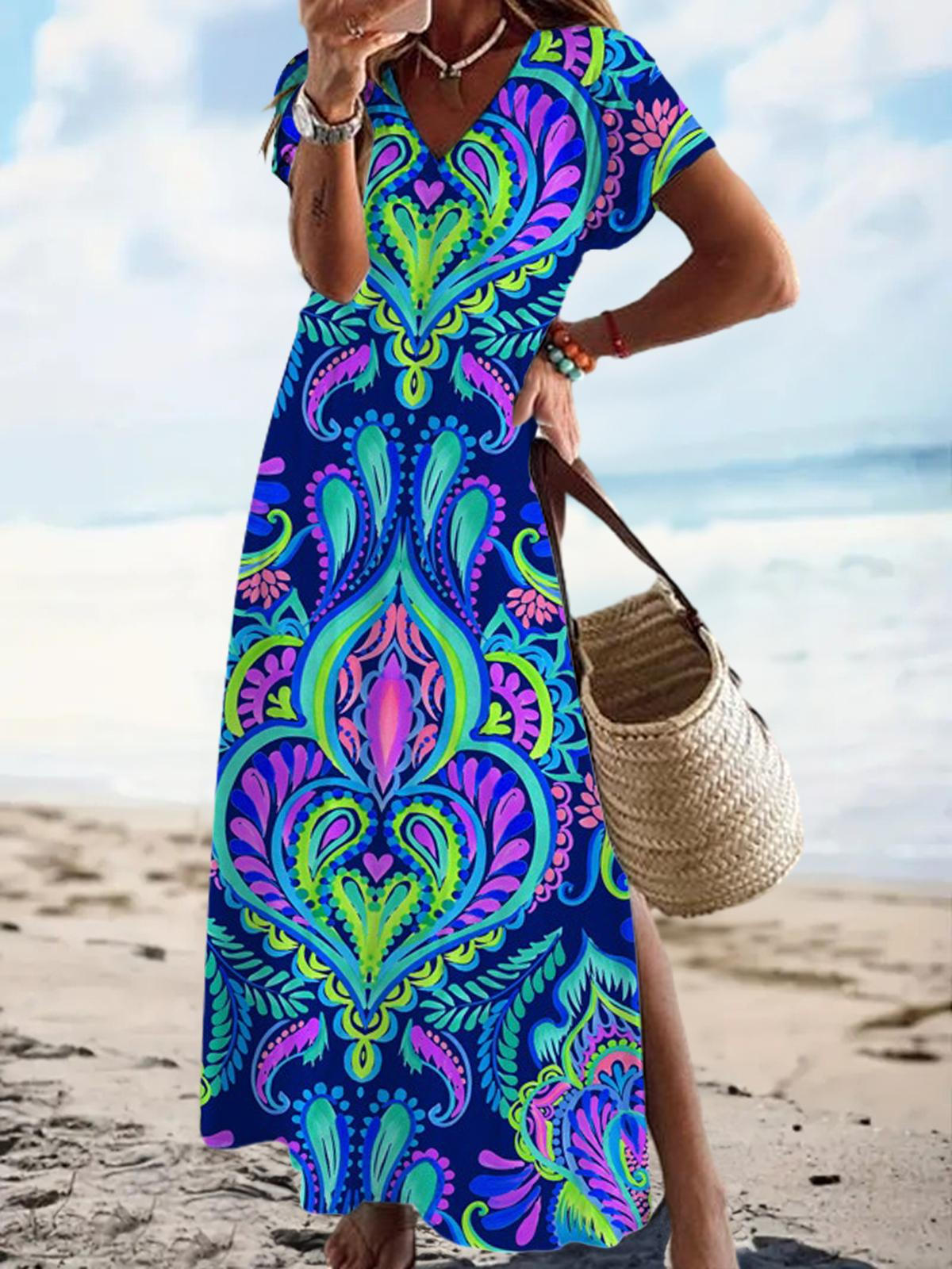 Vintage Abstract Pattern Short Sleeve V Neck Maxi Dress