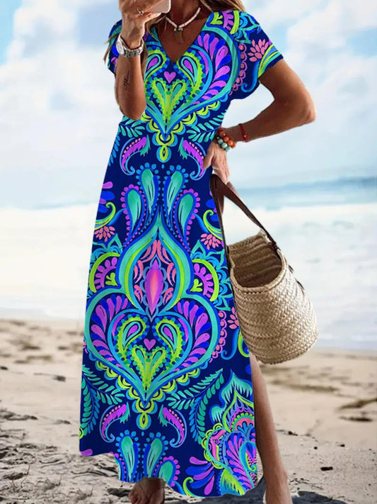 Vintage Abstract Pattern Short Sleeve V Neck Maxi Dress