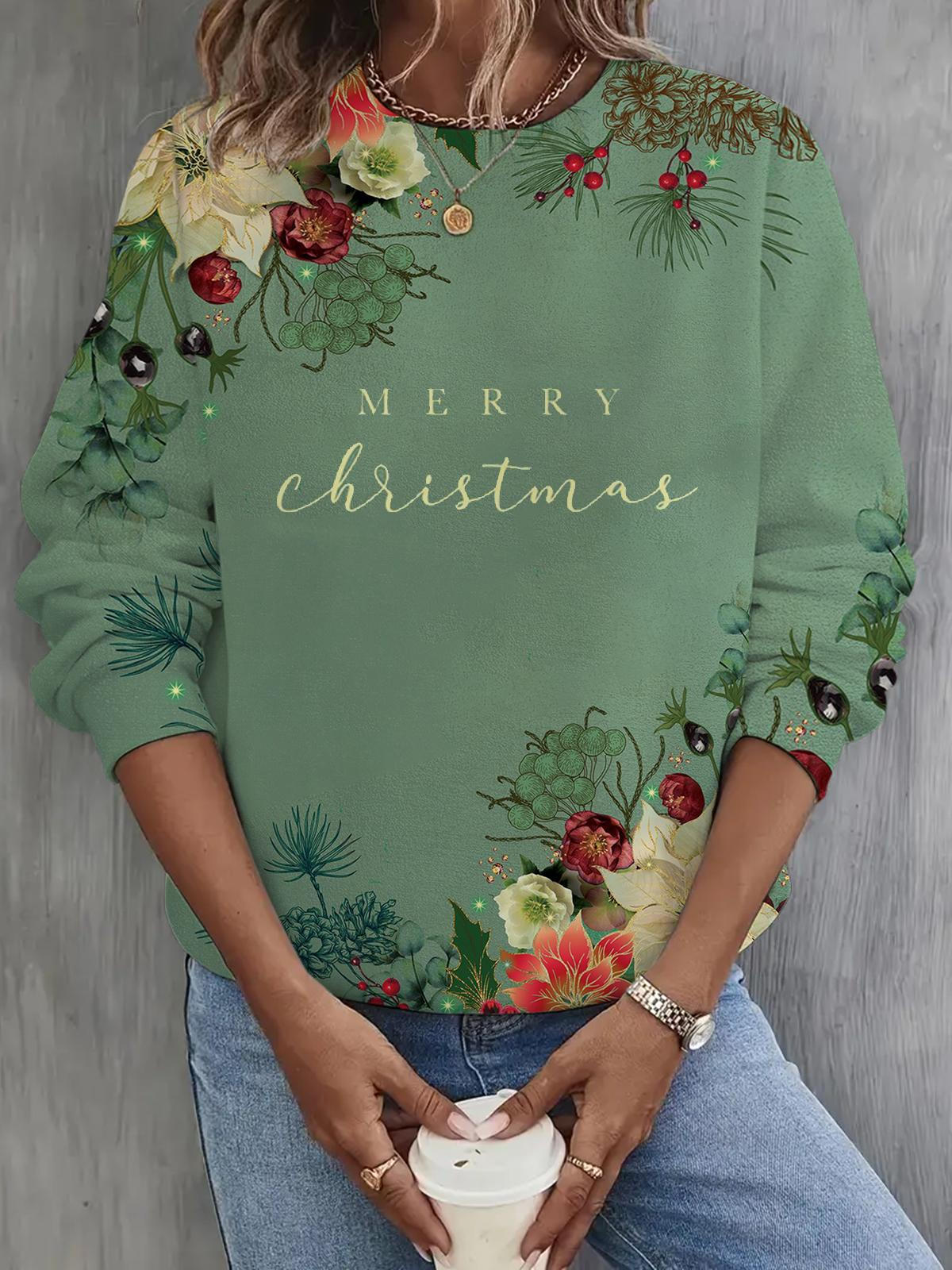 Merry Christmas Flowers Long Sleeve Casual Top