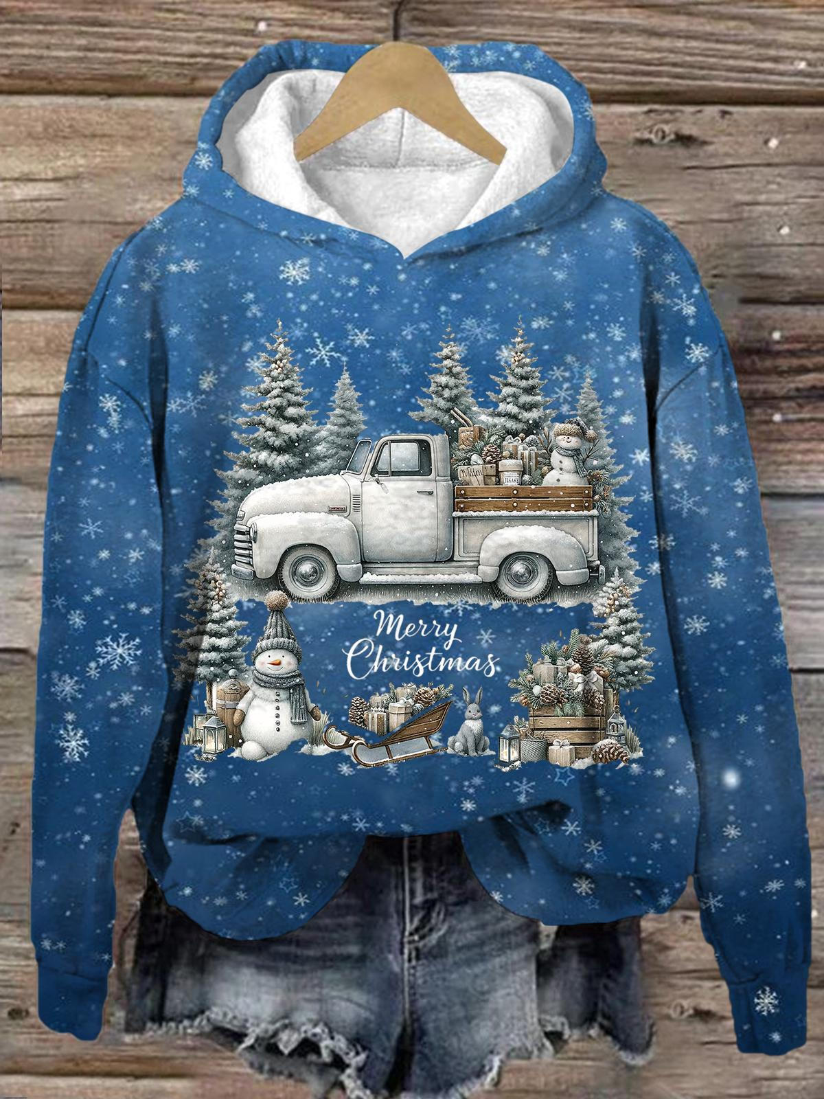 Watercolor Christmas Truck And Snowman Long Sleeve Printed Hoodie