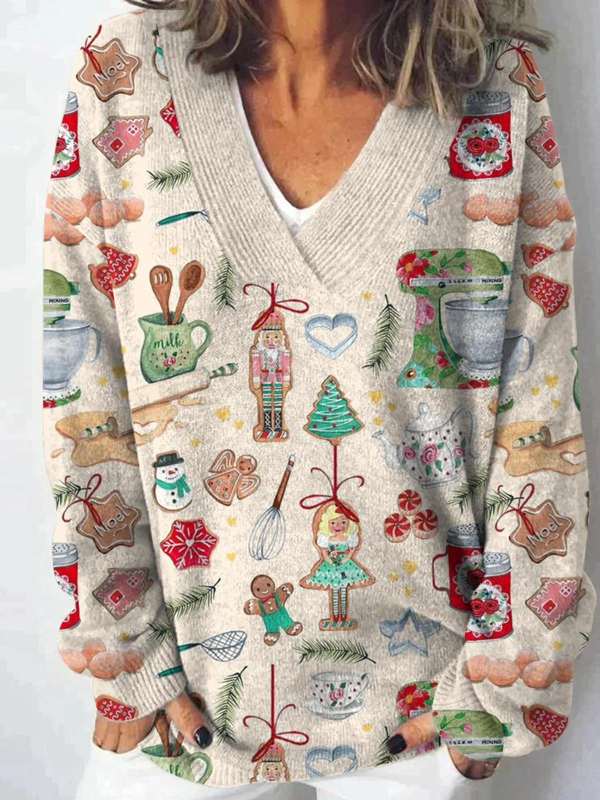 Cute Kitchen Backing Nutcracker Cookies V-neck Casual Sweater