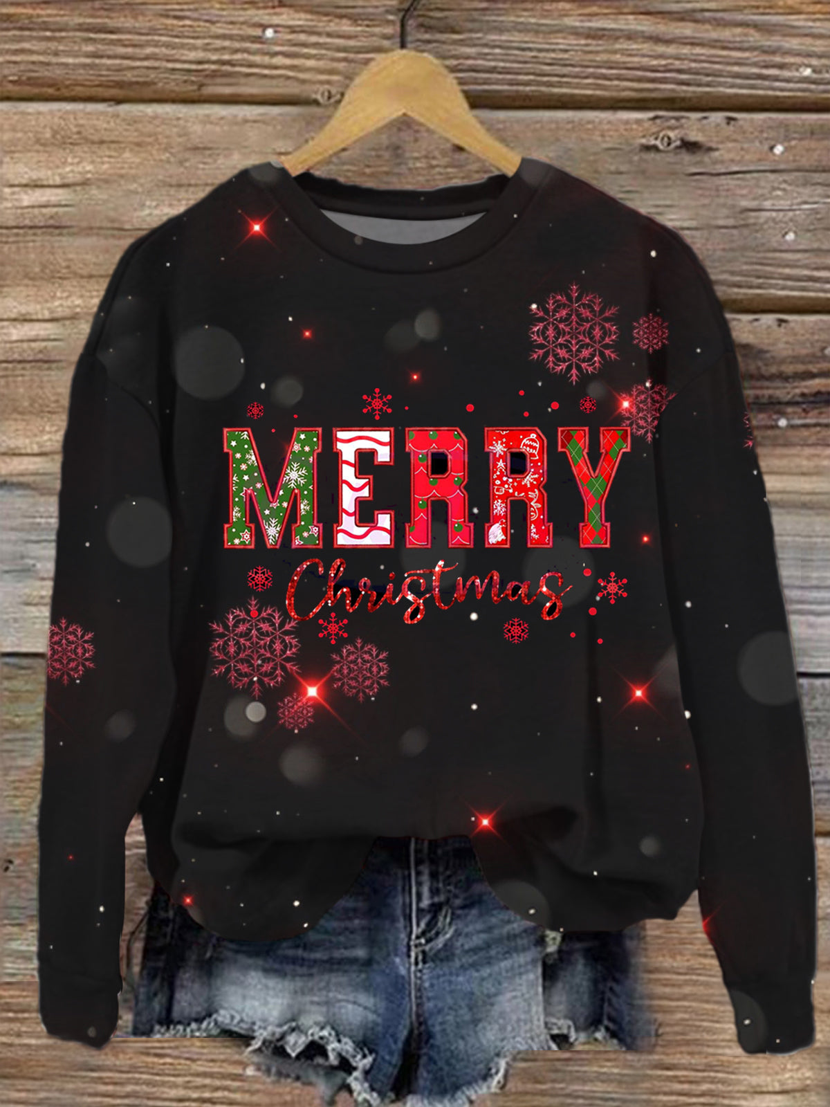 Gliter Merry Christmas Printed Long Sleeve Casual Top