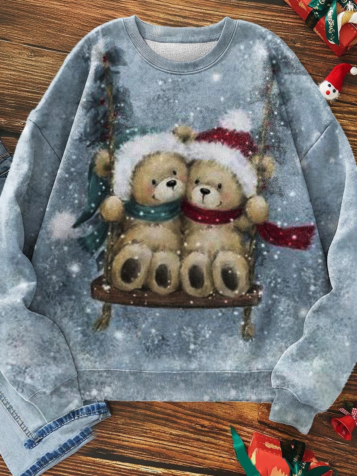 Cute Bear Winter Snow Scene Print Long Sleeve Shirt Top