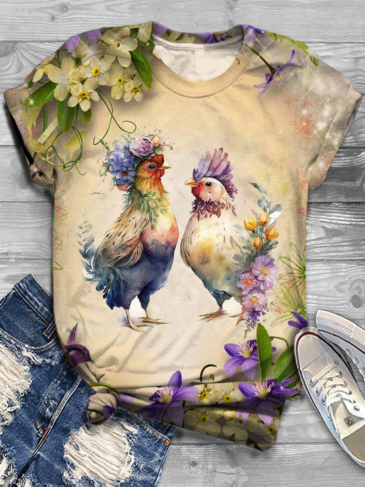 Retro Funny Floral Chicken Print Crew Neck T-shirt