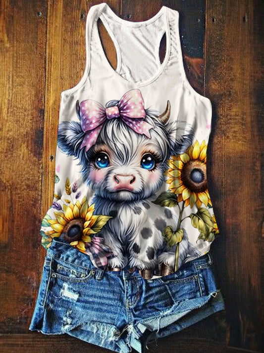 Sunflower Cute Highland Cow Print Casual Tank Top