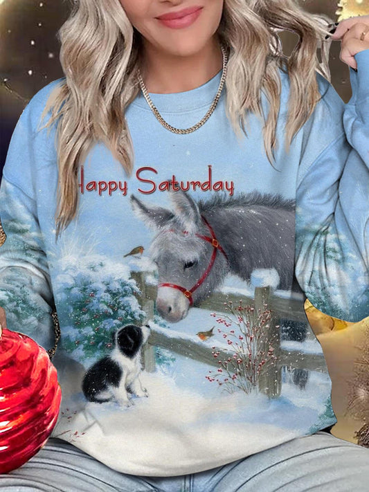 Happy Saturday Cute Donkey And Dog Winter Print Long Sleeve Top