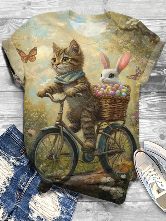 Tabby Cat and Bunny Riding Bike Easter T-shirt