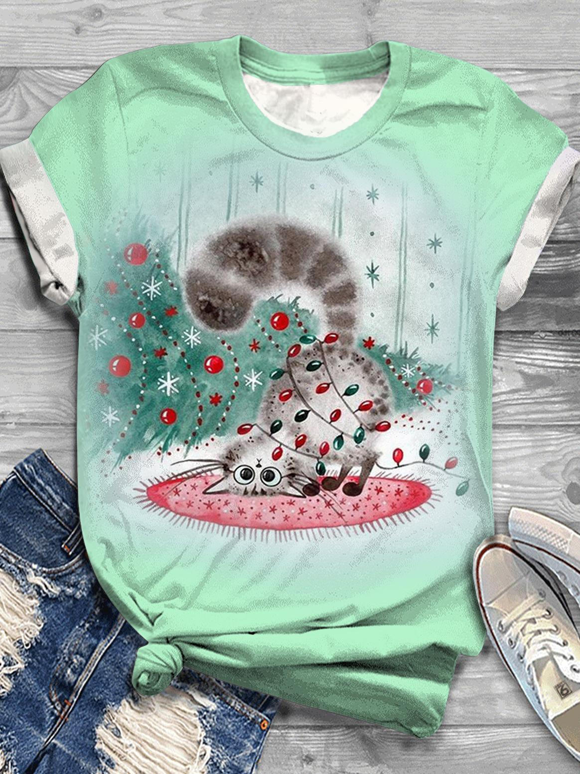 Women's Winter Christmas Tree Kitten Print Crew Neck T-Shirt