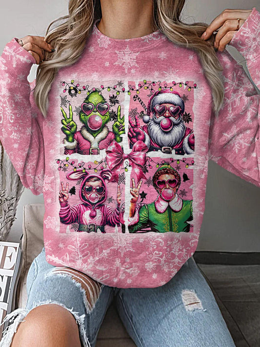 Christmas Characters With Bubbles Retro Printed Long Sleeve Casual Top