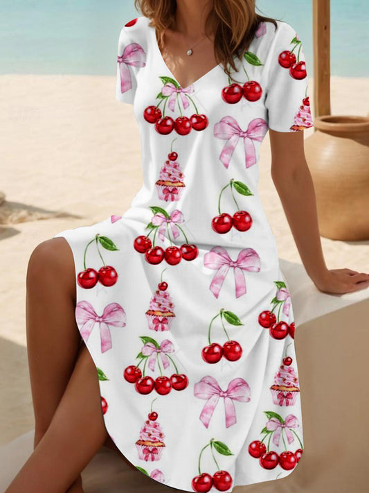 Cherry Dessert Pattern V Neck Short Sleeve Dress