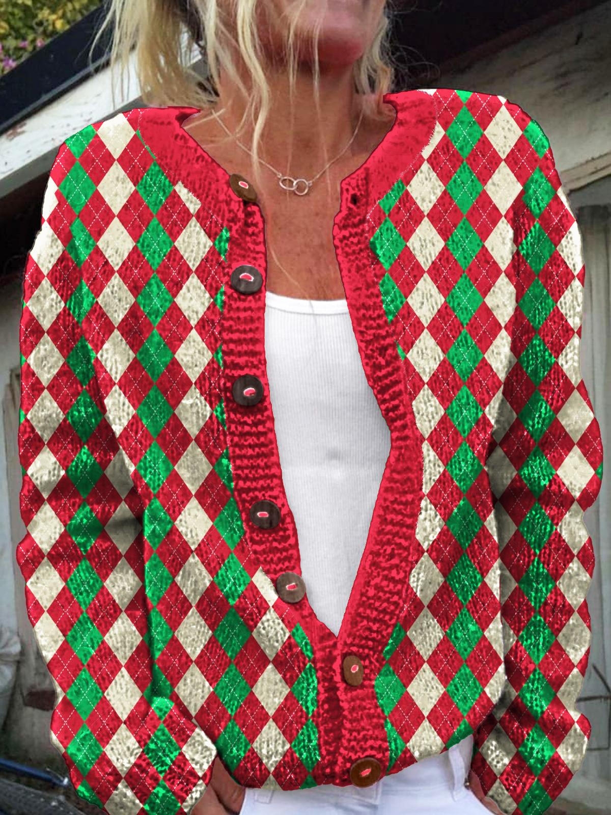 Women's Christmas Plaid Round Neck Long Sleeve Cardigan