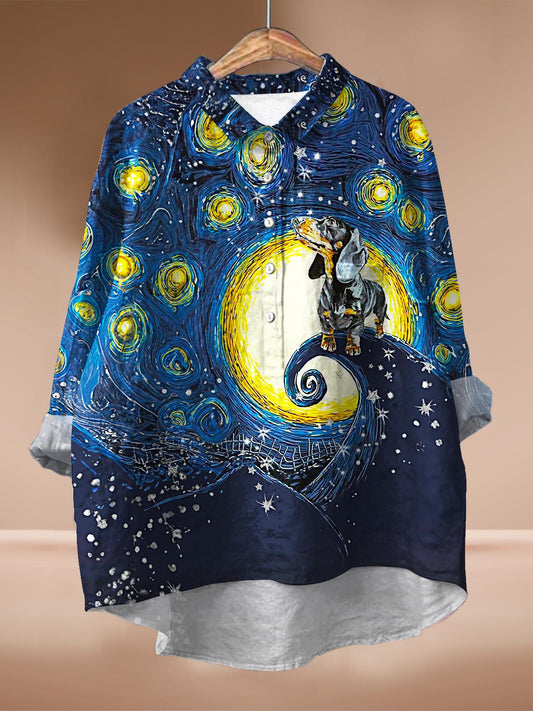 Starry Night Dachshund Print Puff Wrinkle Casual Shirt