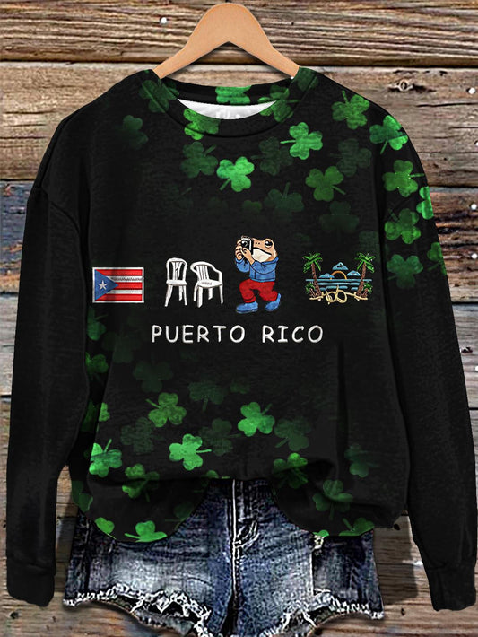 DTMF Puerto Rican Embroidered Bad Bunny St. Patrick Printed Long Sleeve Casual Top