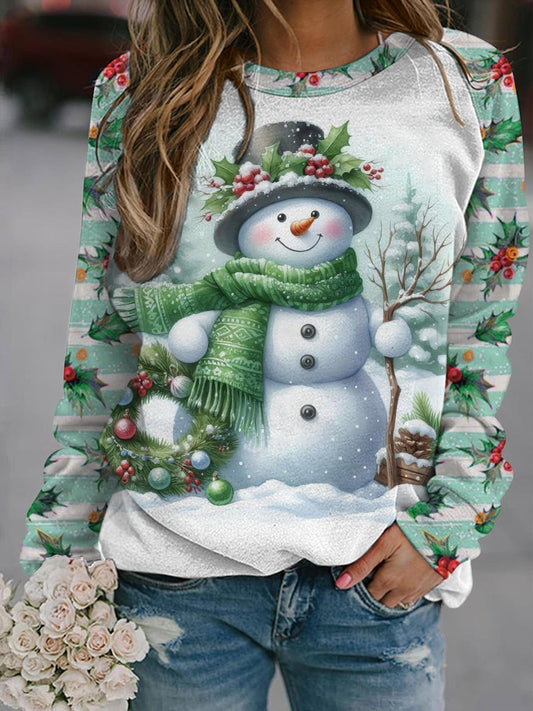 Women's Winter Snowman Snow Scene Floral Print Long Sleeve Top