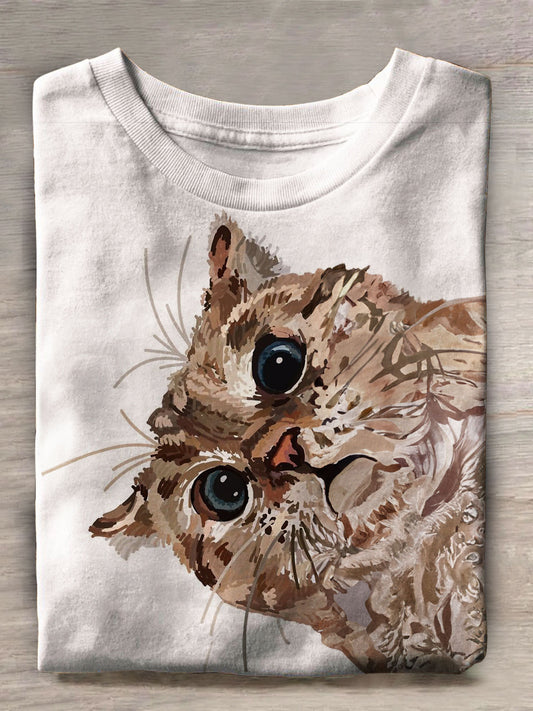 Funny Cat Print Crew Neck T-shirt