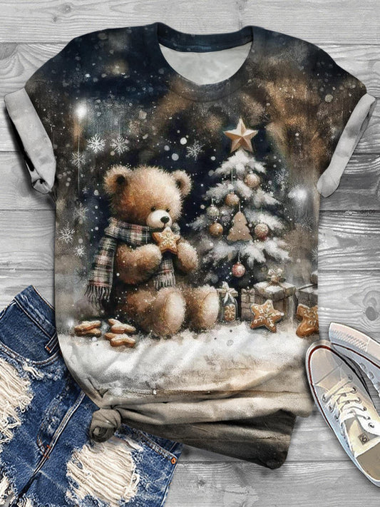 Cute Bear Winter Christmas Tree Night Print T-shirt