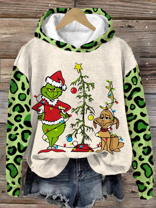 Green Furry Monster And His Christmas Puppy Long Sleeve Printed Hoodie