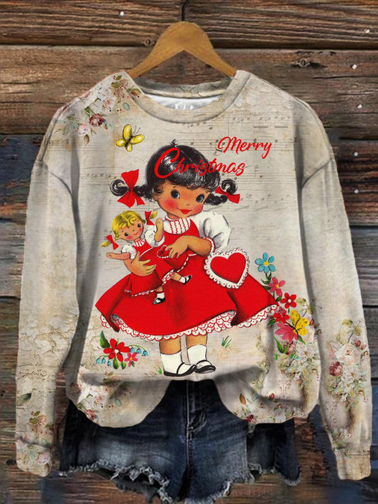 Women's Christmas Happy Girls Vintage Print Long Sleeve Top