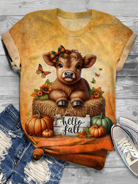 Hello Fall Cute Highland Cow Crew Neck T-shirt