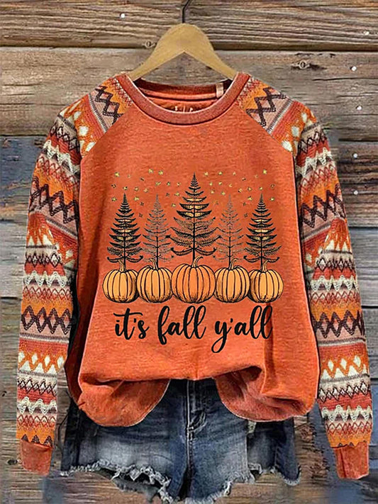 Women's It's Fall Y'All Geometric Print Round Neck Long Sleeve Top