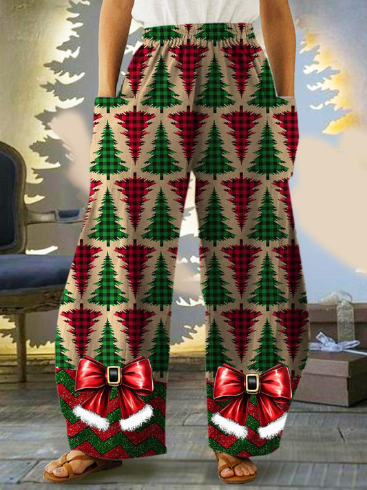 Women's Christmas Tree Bow Print Casual Pants