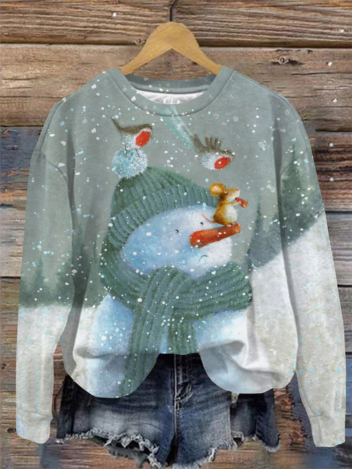 Vintage Snowman Print Round Neck Long Sleeve Top