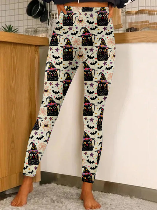 Black Cat Witch Halloween Print Leggings