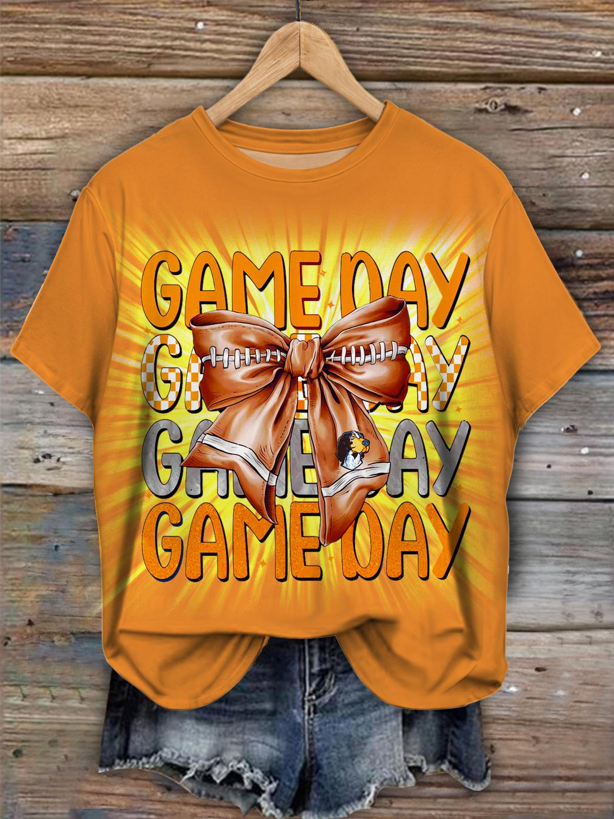 Women's Game Day Football Bow Crew Neck T-shirt