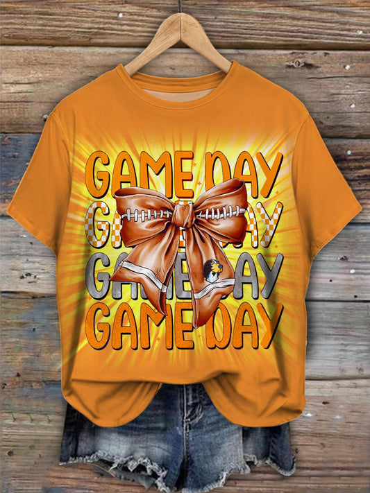 Women's Game Day Football Bow Crew Neck T-shirt