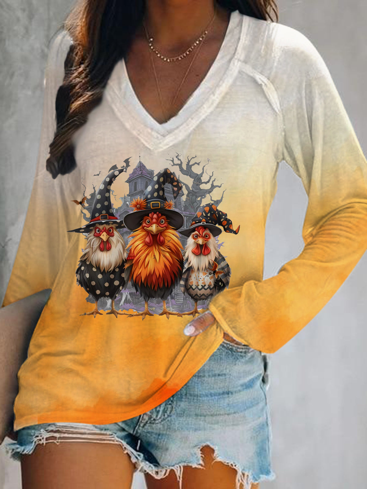 Spooky Witch Chickens Printed V-Neck Top