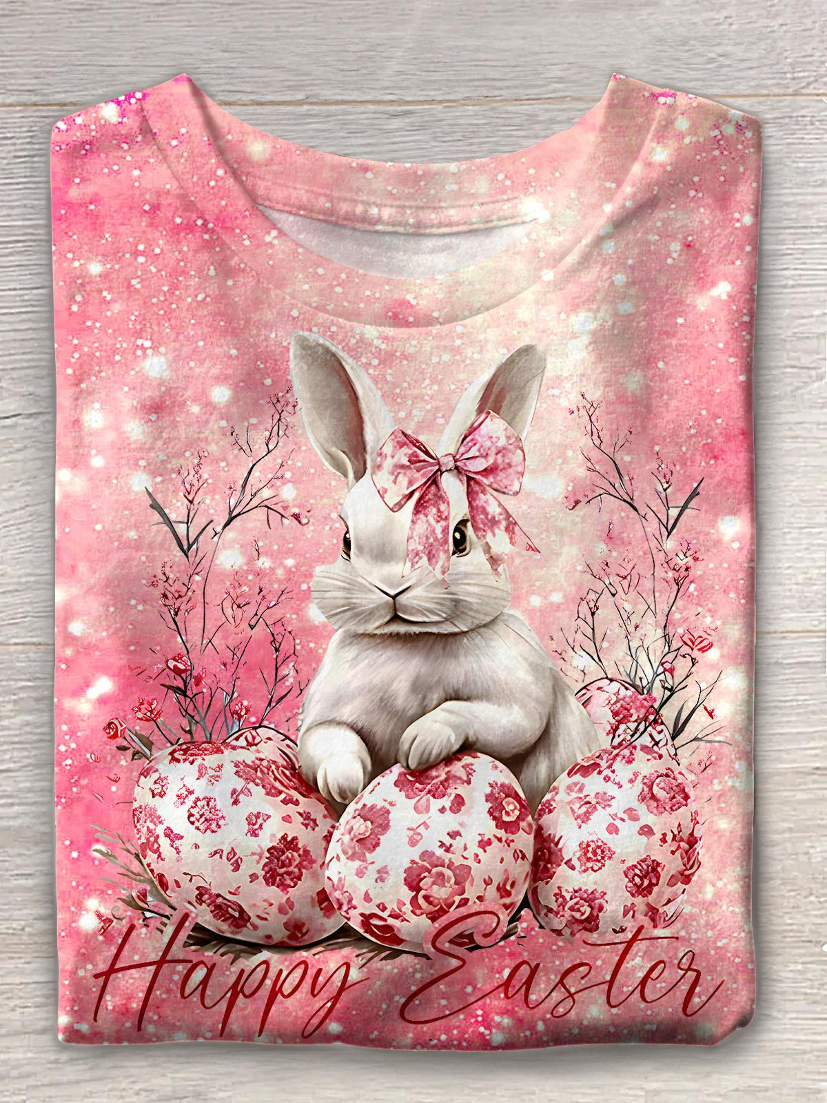 Cute Easter Egg Bunny Print Crew Neck T-shirt