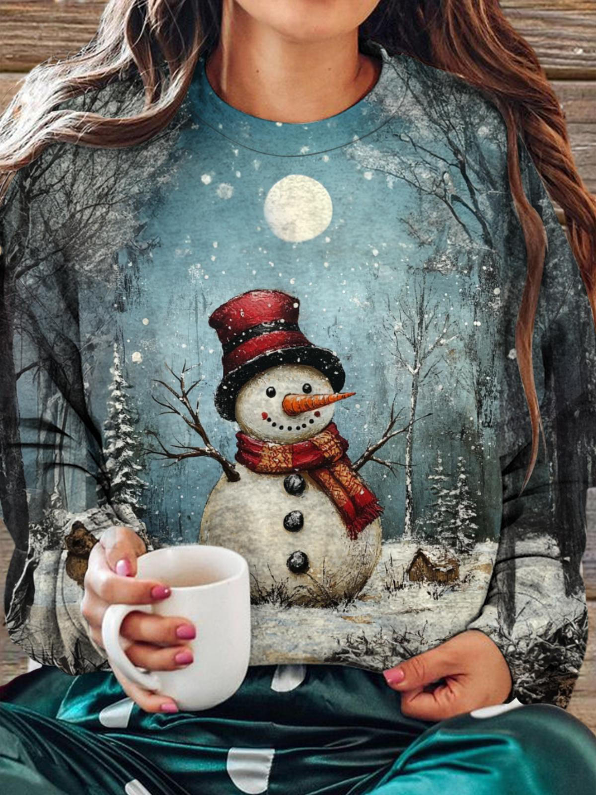 Women's Red Hat Snowman Dancing Round Neck Long Sleeve Top