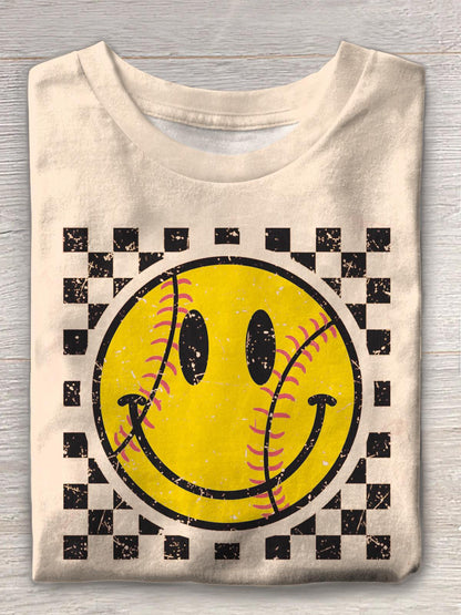 Retro Smiley Baseball Crew Neck T-shirt