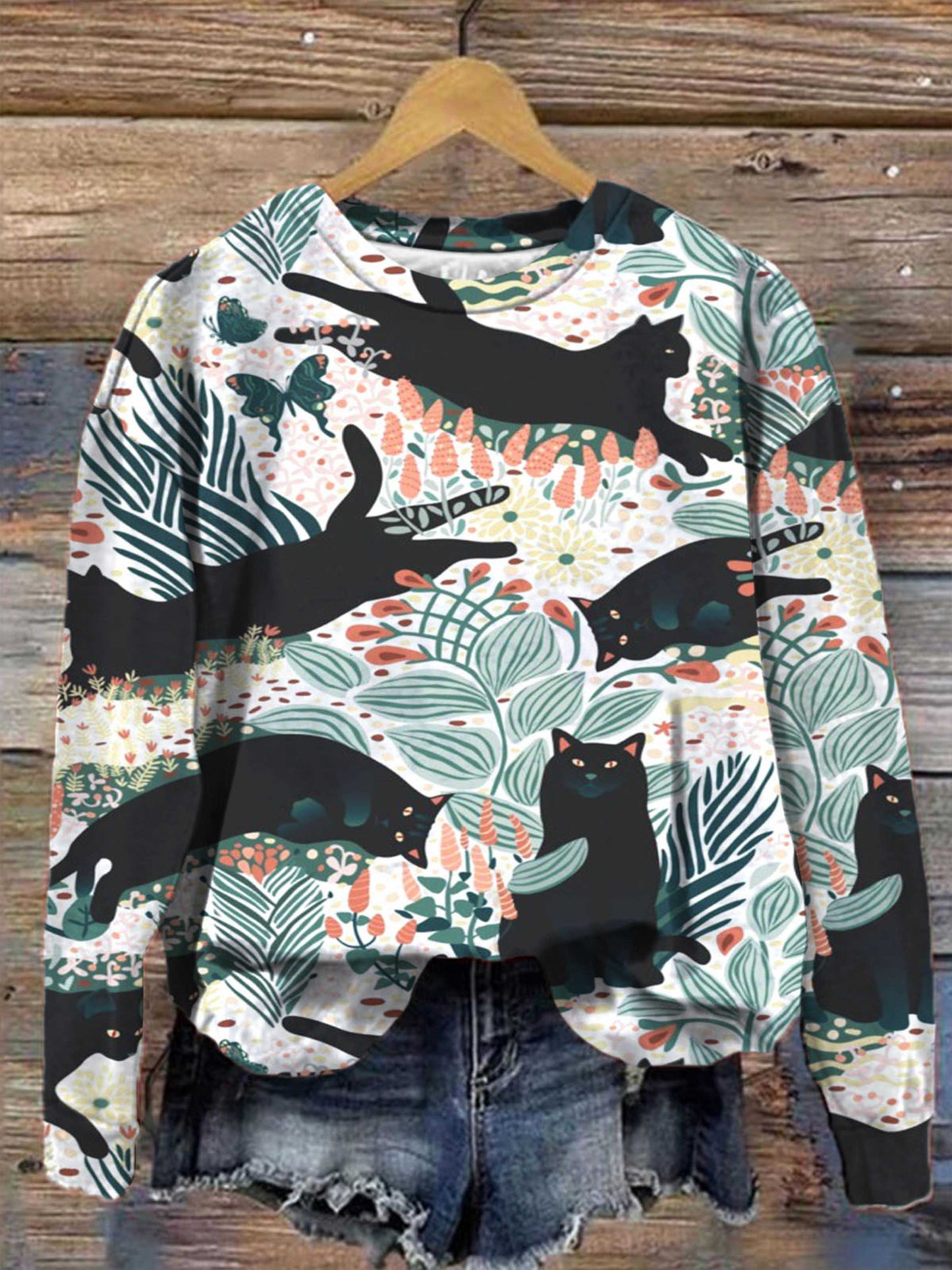 Black Cat In The Butterfly Garden Long Sleeve Top