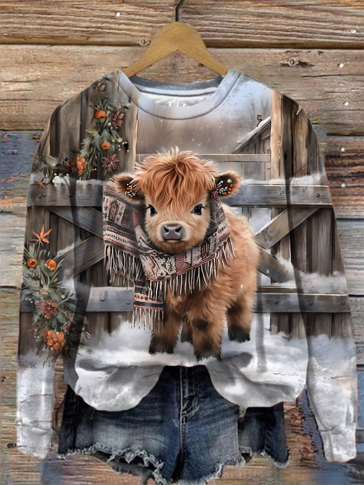 Women's Winter Highland Cow Round Neck Long Sleeve Top