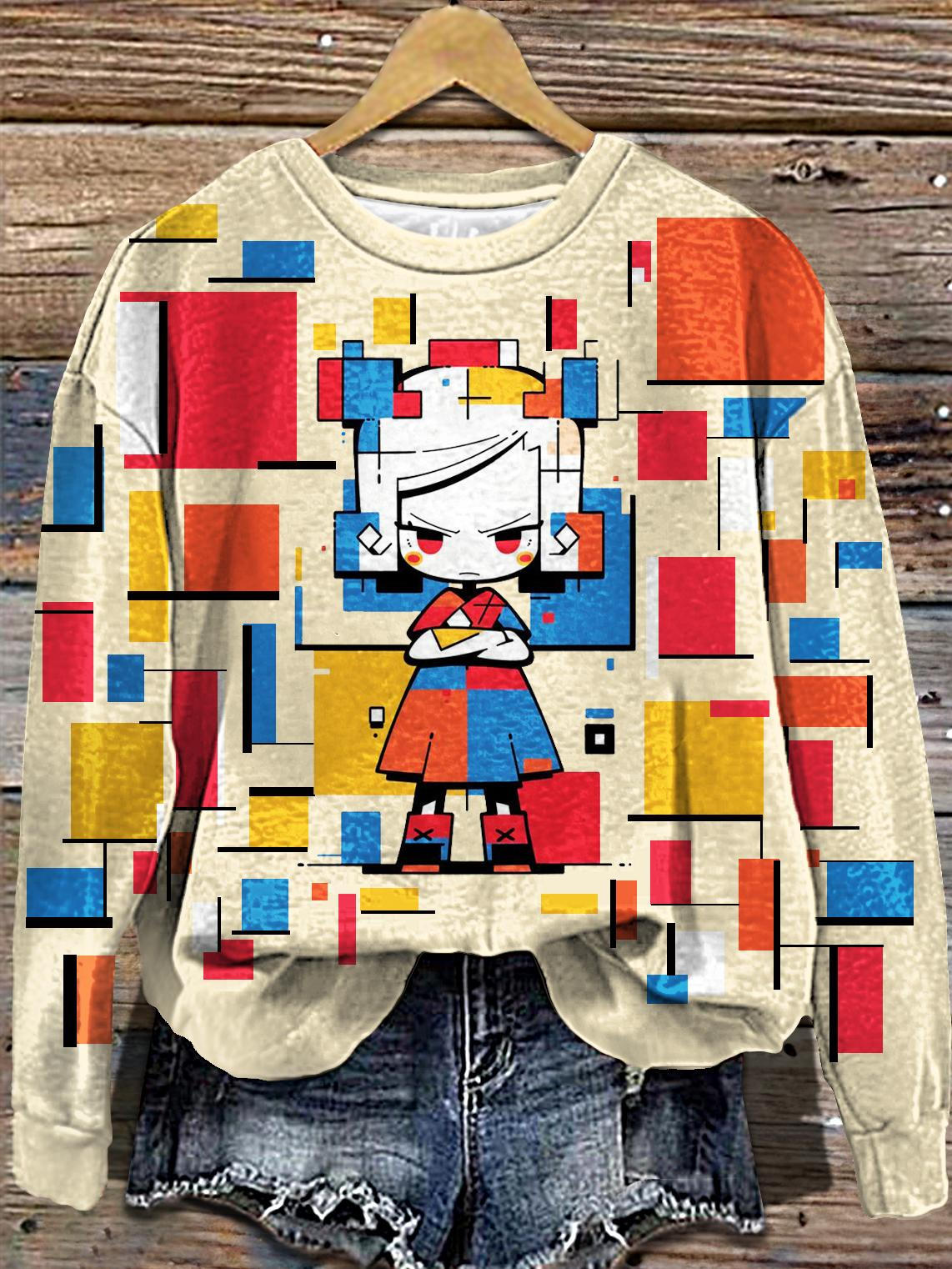 Women's Geometric Patchwork Printed Long Sleeve Casual Top