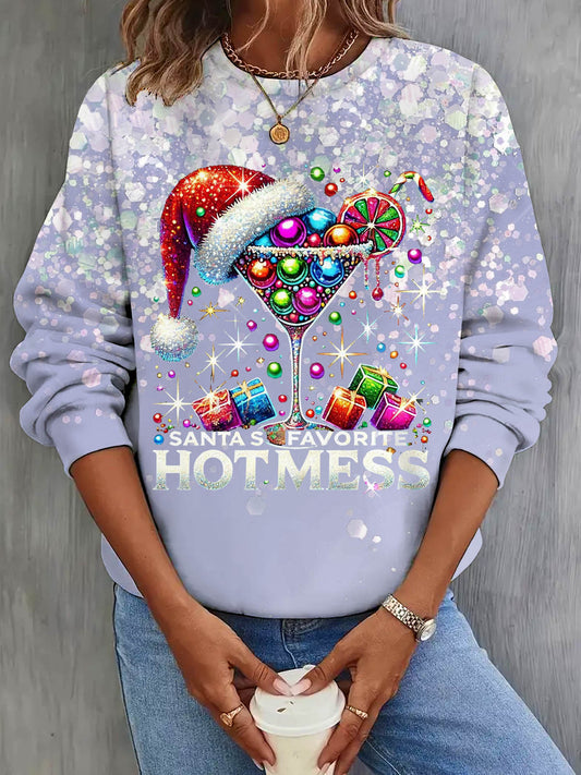 Santas Favorite Hot Mess Faux Sequin Print Long Sleeve Top