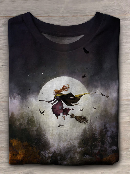 Women's Halloween Moonlight Witch Crew Neck T-shirt