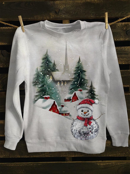 Playful Snowman Snow Scene Christmas Long Sleeve Casual Top