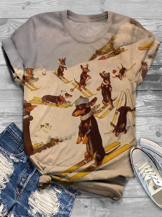 Women's Retro Dog Ski Winter Travel Printed Casual T-Shirt