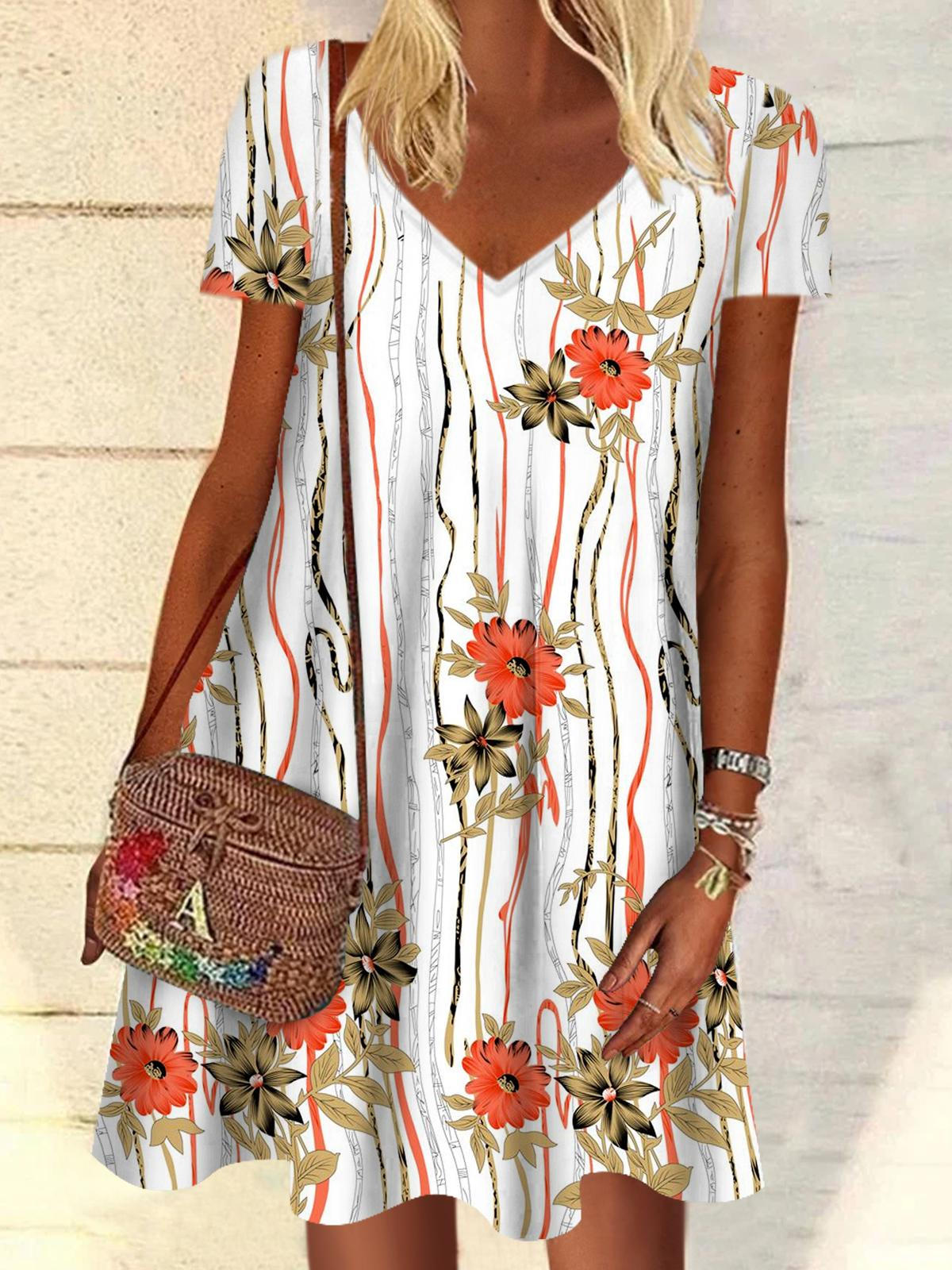 Floral V Neck Short Sleeve Dress