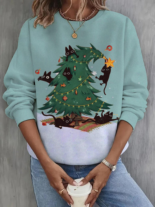 Funny Christmas Cat Tree Printed Santa Sweatshirt