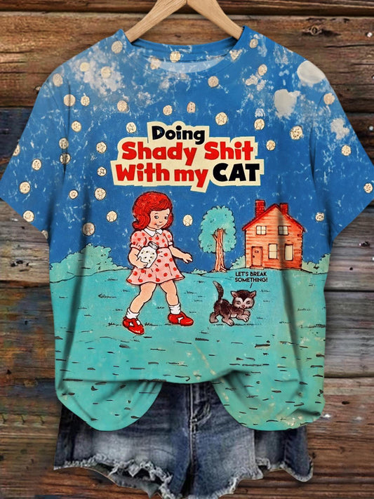 Doing Shady Shit With My Cat Girls Vintage Print T-Shirt