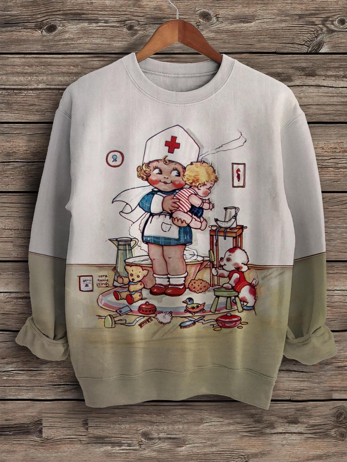 Women's Vintage Girls Nurse Cosplay Printed Casual Long Sleeve Top