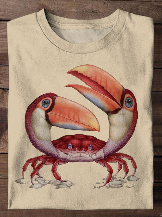 Fun Creative Flamingo Crab Illustration Print Casual T-shirt