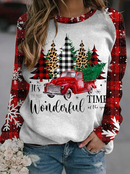 Vintage Red Truck Christmas Long Sleeve Casual Top